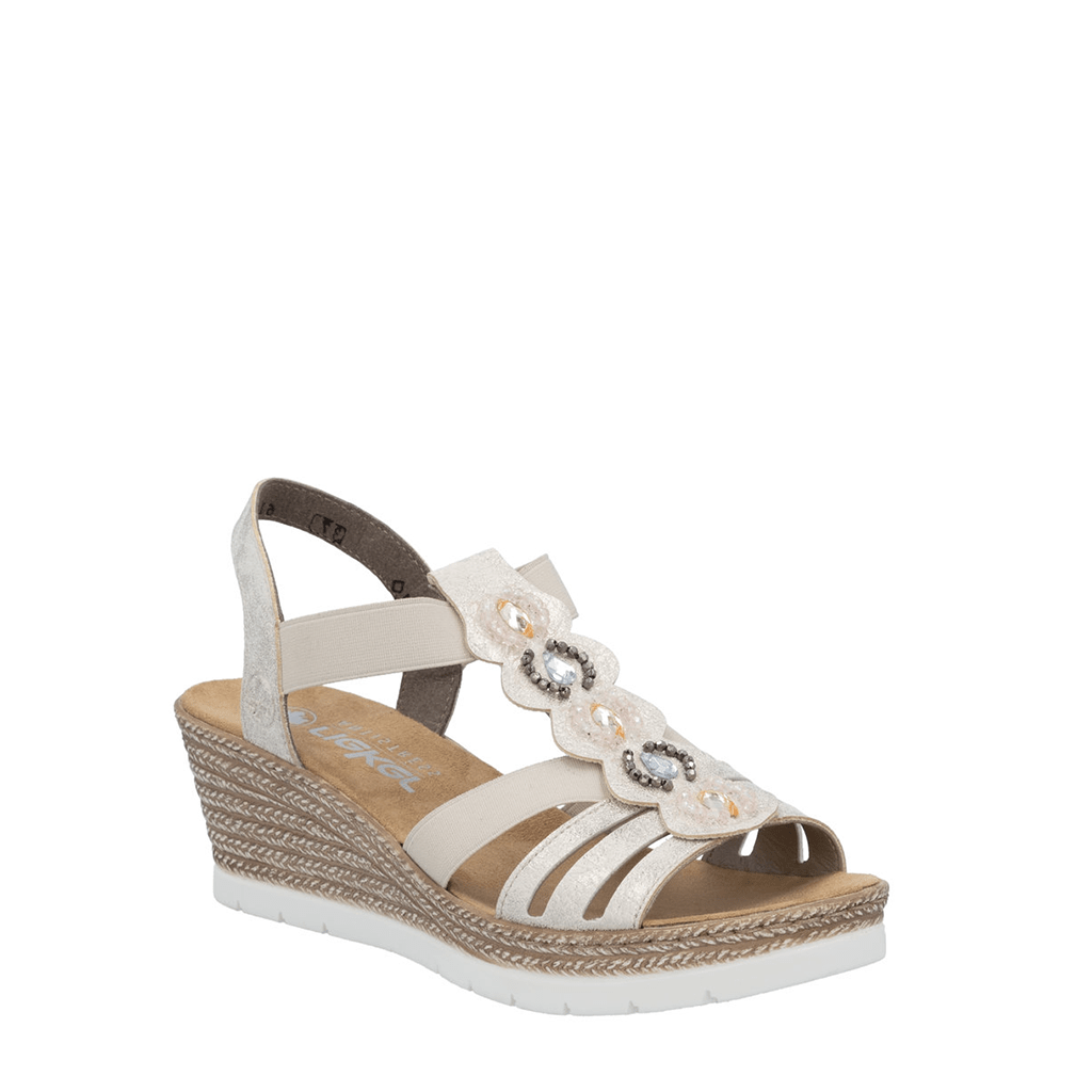 Shoetopia, Rieker 619B2 women’s sandal, women’s wedge comfort sandal, neutral tone, Right angle view