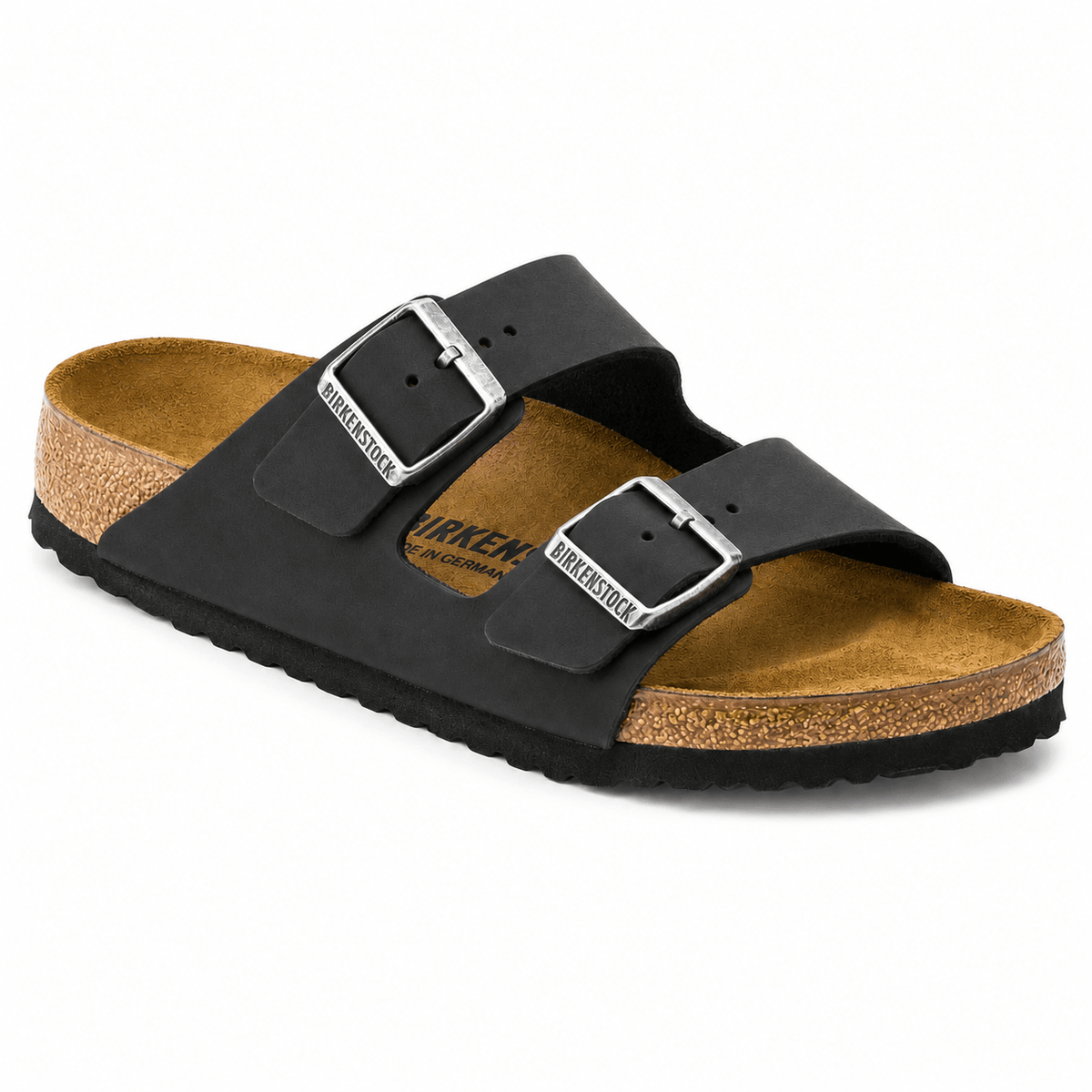 Birkenstock, Arizona Oiled Leather, Unisex, Sandal, Black, Angled view