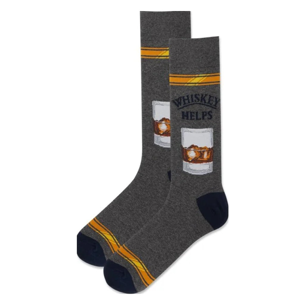 Hotsox, Whiskey Helps, Men's, Crew Sock, Charcoal, Front view