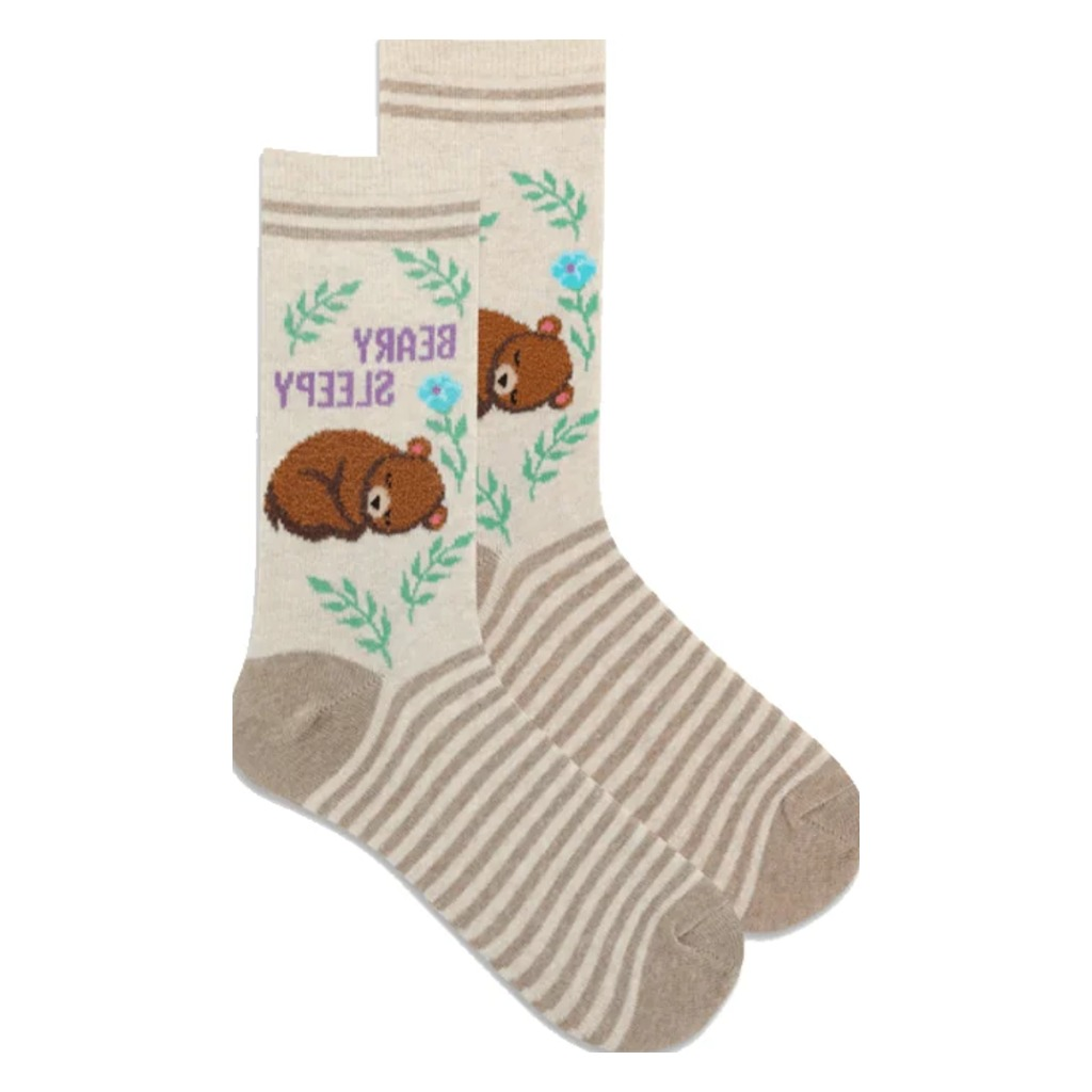 Hotsox, Fuzzy Beary Sleepy, Women's, Crew Sock, Natural, Front view