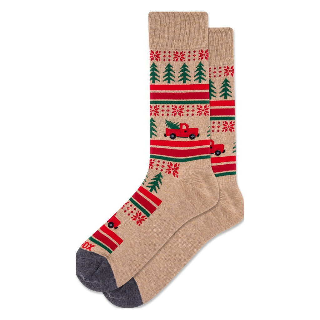 Hotsox, Christmas Truck, Men's, Crew Sock, Tan, Front view
