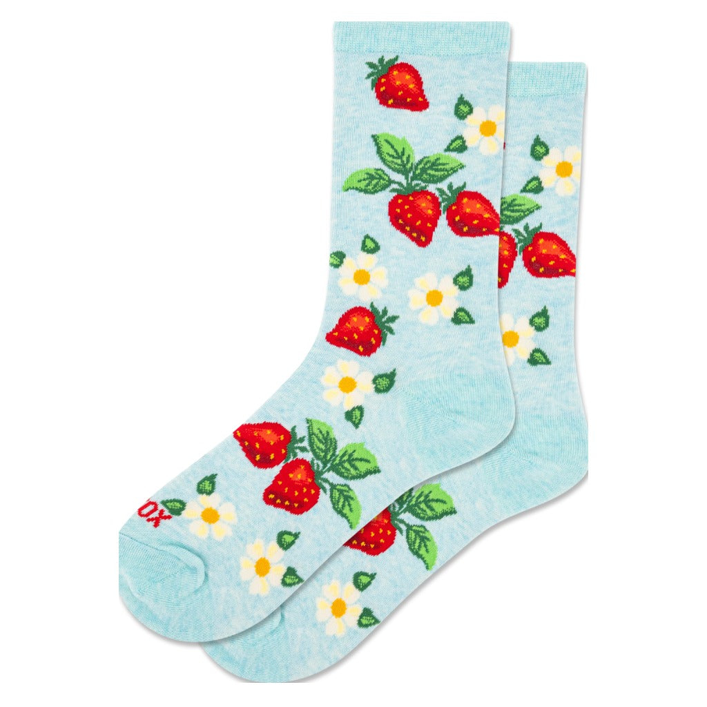 Hotsox, Strawberry Floral, Women's, Crew Sock, Light Blue, Front view