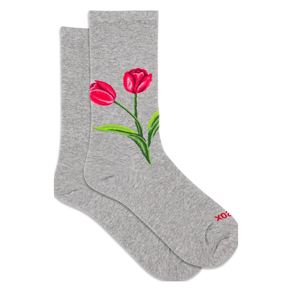 Hotsox, Tulip Floral, Women's, Crew Sock, Grey, Front view