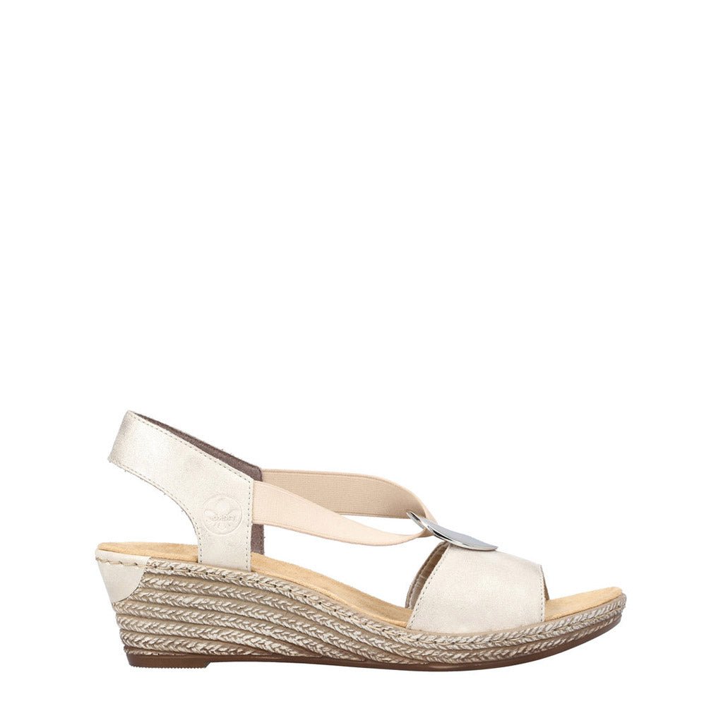 Shoetopia, Rieker women’s wedge sandal, women’s comfort sandal, taupe, side view