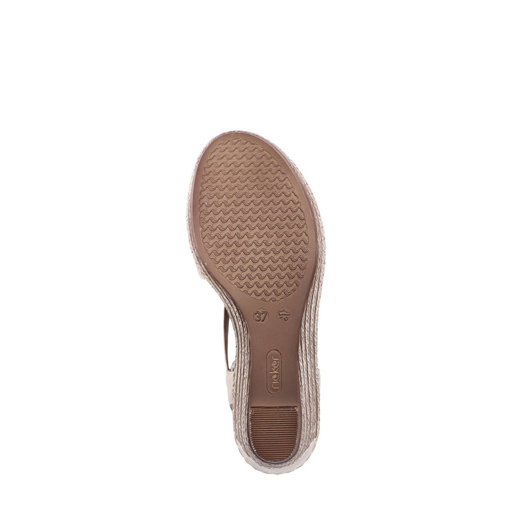 Shoetopia, Rieker women’s wedge sandal, women’s comfort sandal, taupe, sole view