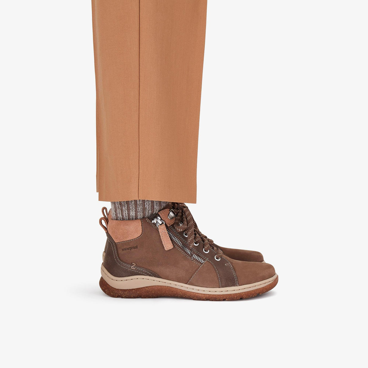 Clarks Orlene Top in Dark Sand nubuck, worn on foot - Shoetopia Footwear