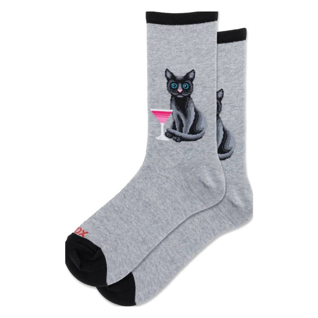 Hotsox, Meowtini, Women's, Crew Sock, Grey, Front view