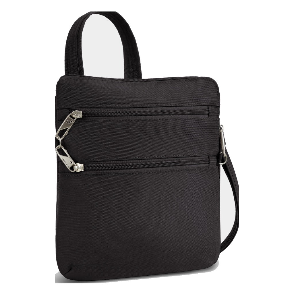Travelon, Anti-Theft Classic Slim Double Zip Crossbody, Women's, Crossbody Bag, Black, Angled view